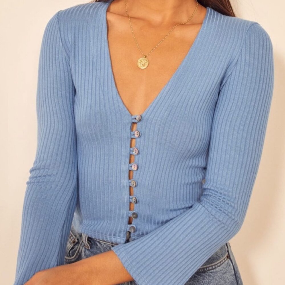 Reformation Gellar Knit Top Blue Cropped Cardigan - Size S